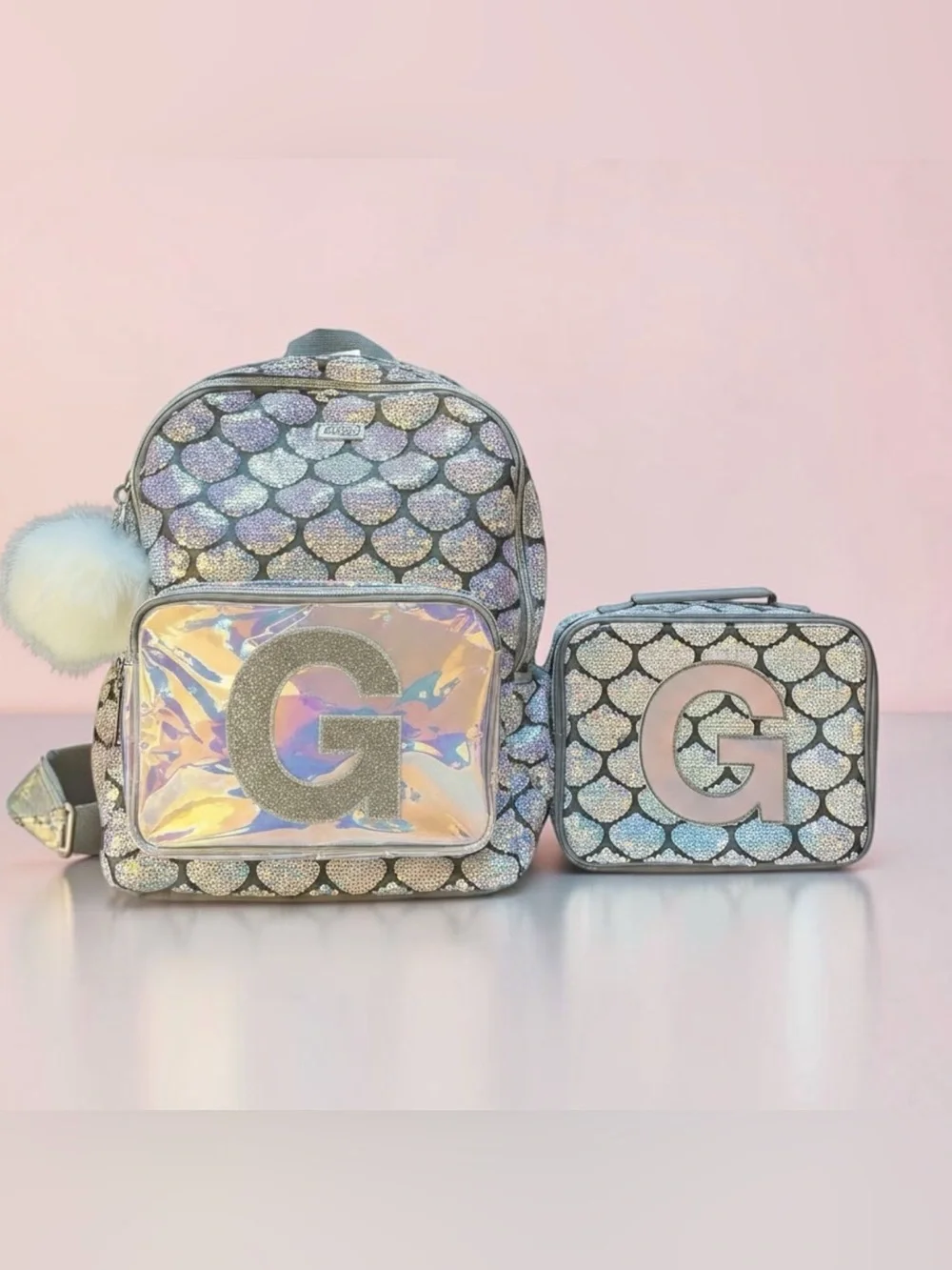 Justice Iridescent Holographic Backpack & Lunch Bag Set with Pom